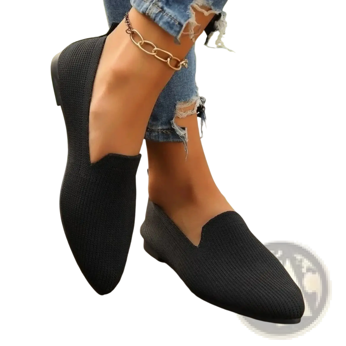 Black knitted slip-on flats with pointed toe and low heel ideal for comfortable everyday wear