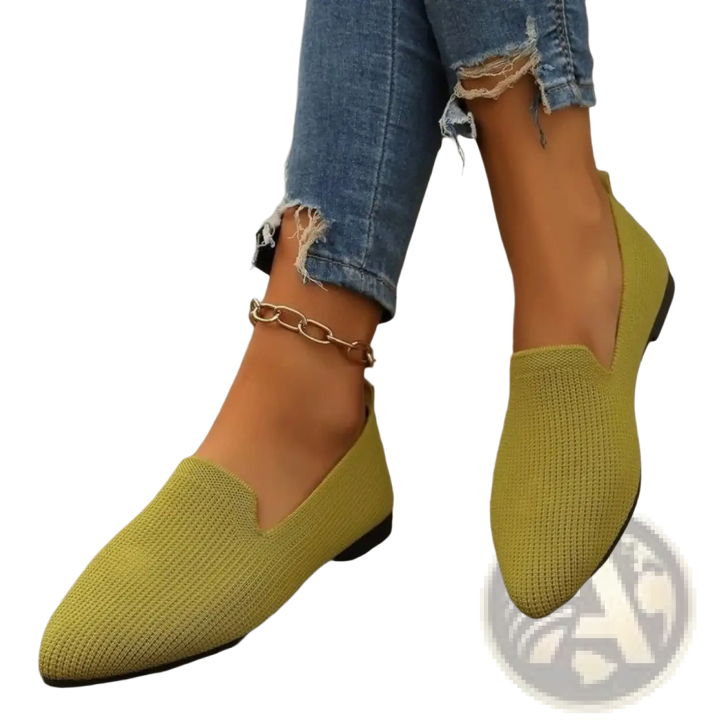Olive green knitted slip-on flats with pointed toe and black sole designed for comfortable everyday wear