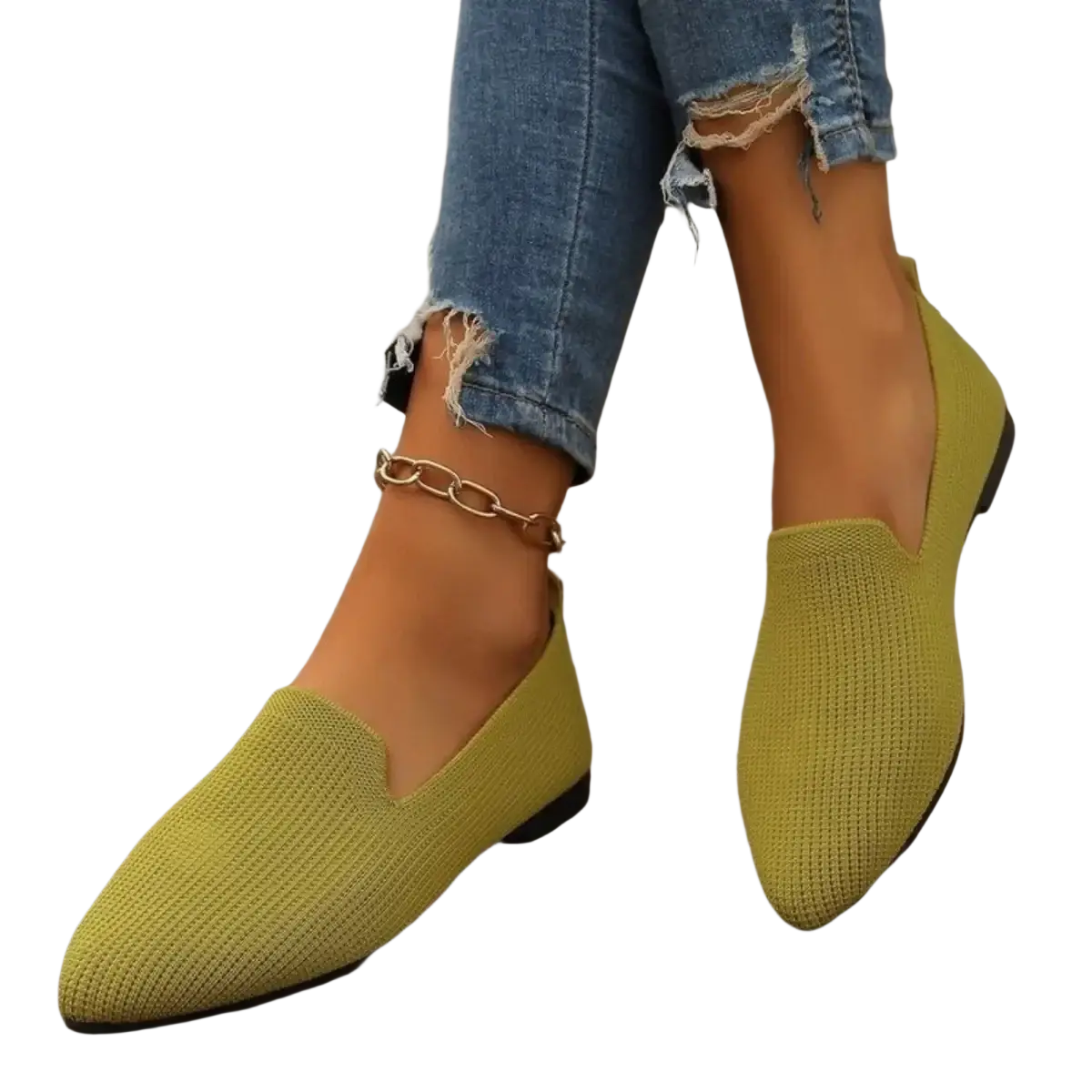 Olive green knitted pointed toe slip-on flats with a black sole designed for comfort and style