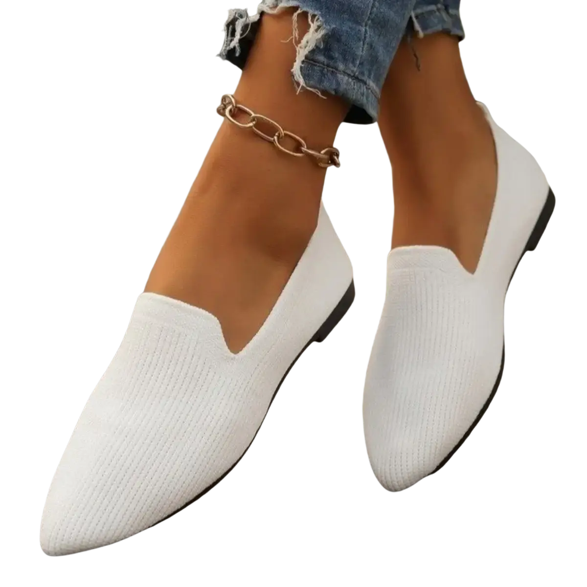 White knitted pointed toe slip-on flats with a black sole ideal for casual and formal wear