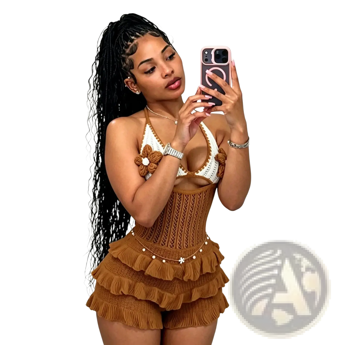 Brown knitted two-piece outfit with white crochet halter top and ruffled shorts for summer playsuit wear