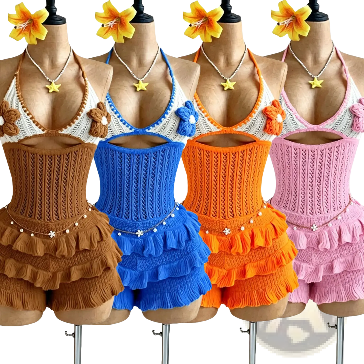 Knitted ruffle halter romper summer playsuits in brown blue orange and pink with floral embellishments and ruffled shorts