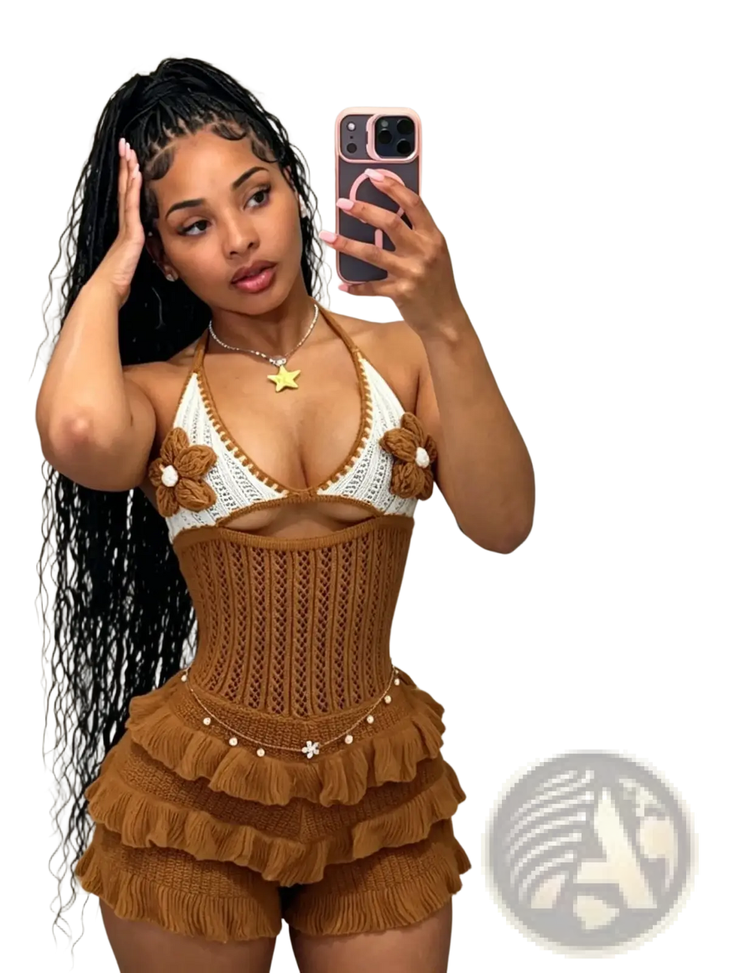 Brown crocheted knitted ruffle halter romper summer playsuit with floral embellishments and ruffled shorts