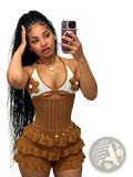 Brown crocheted knitted ruffle halter romper summer playsuit with floral embellishments and ruffled shorts