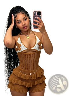 Brown crocheted knitted ruffle halter romper summer playsuit with floral embellishments and ruffled shorts