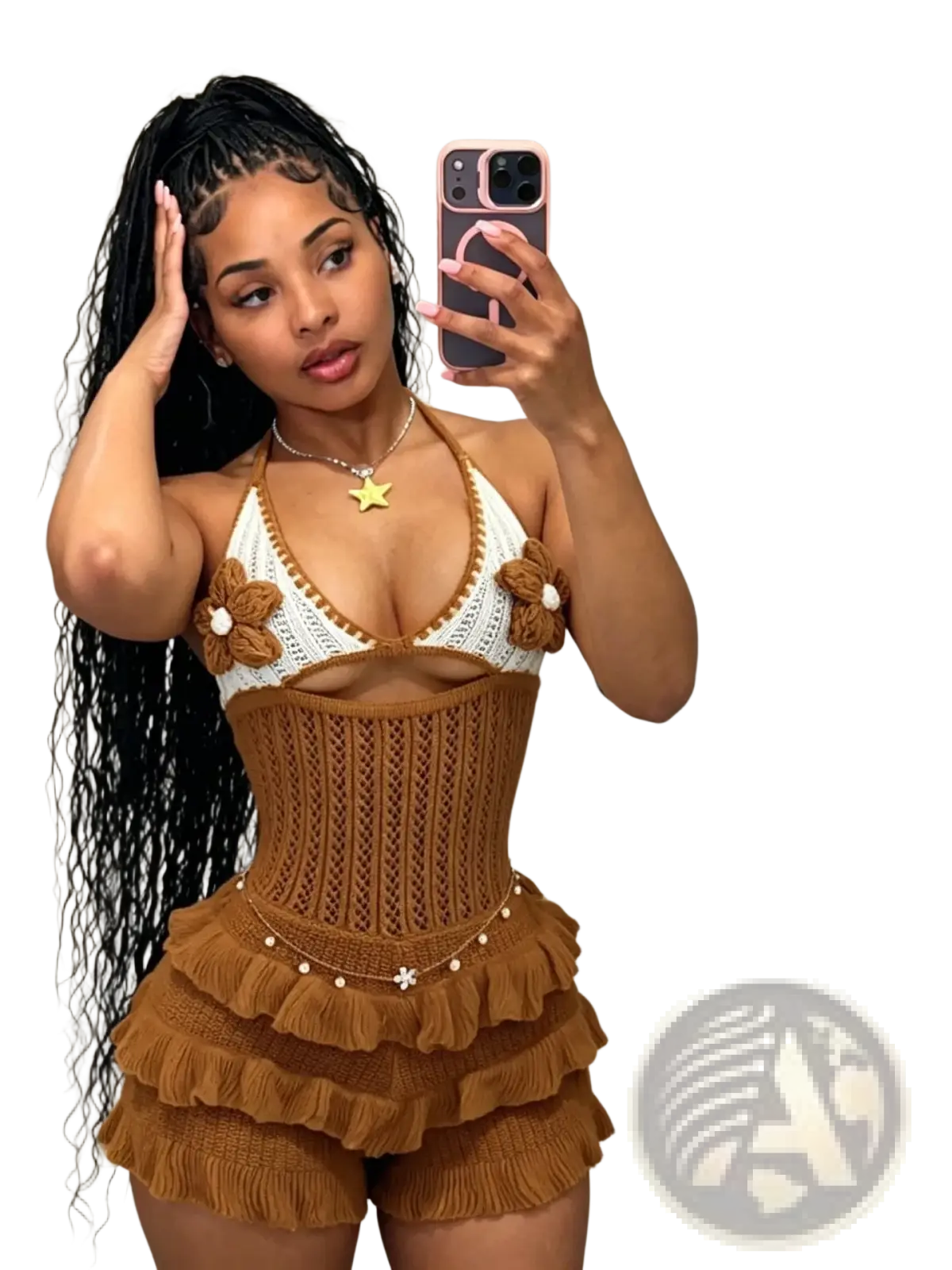 Brown crocheted knitted ruffle halter romper summer playsuit with floral embellishments and ruffled shorts