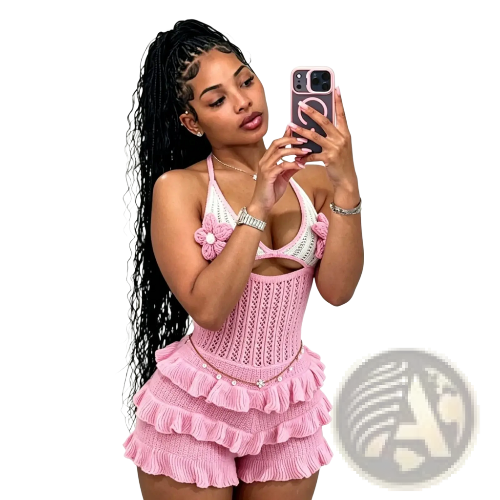 Pink knitted ruffle halter romper with floral embellishments and layered ruffles designed as a summer playsuit