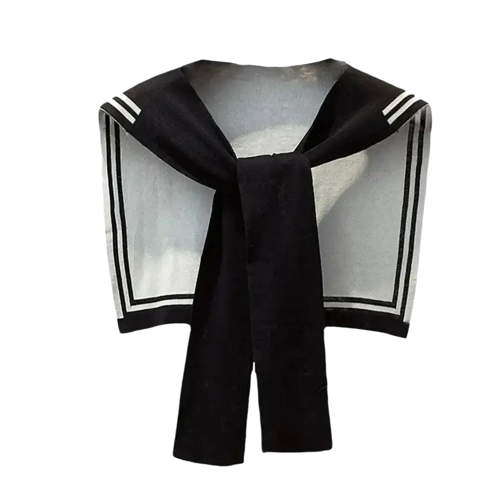 Black knitted sailor fake collar sweater scarf with white trim three stripes on shoulders and knotted bow at front