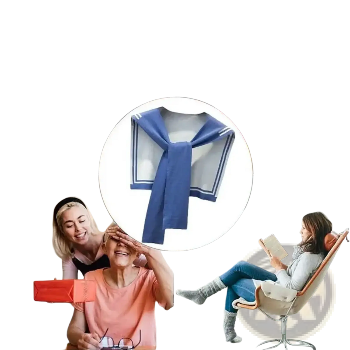 Blue knitted sailor fake collar sweater scarf with white trim and a neat knot for stylish layering