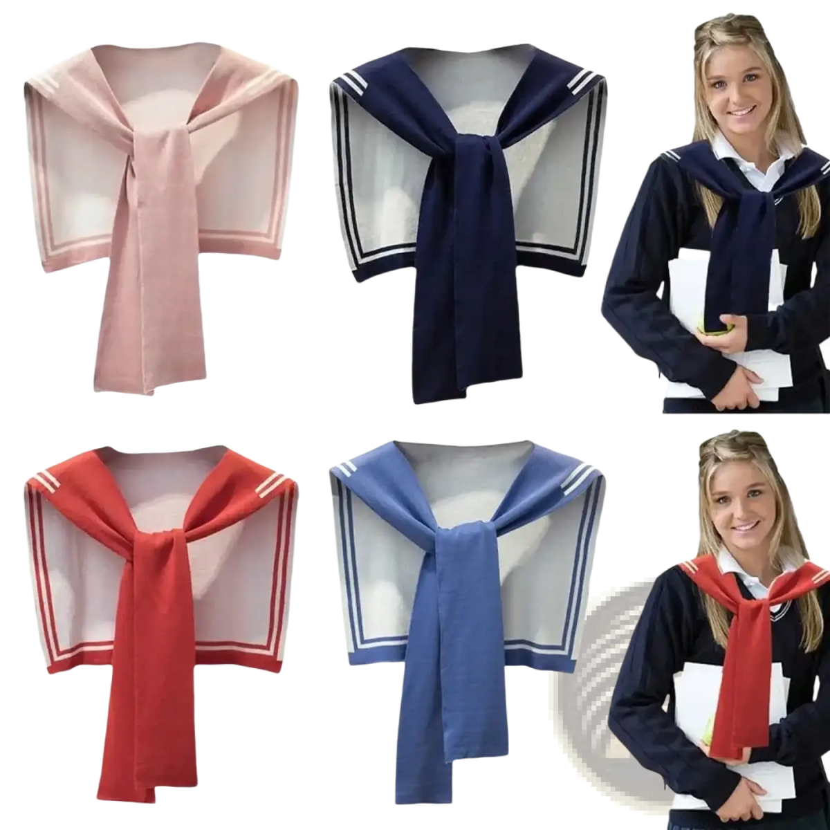 A collection of knitted sailor fake collar sweater scarves in soft pink navy blue red and royal blue with white trim