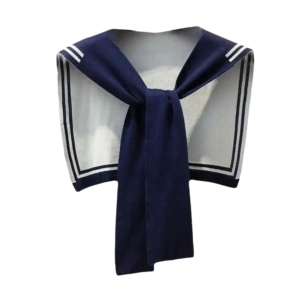 Navy blue knitted sailor fake collar sweater scarf with white trim and tied bow front accessory