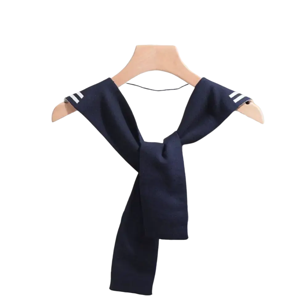 Navy blue and white knitted sailor fake collar sweater scarf with ribbed fabric and wide front bow tie