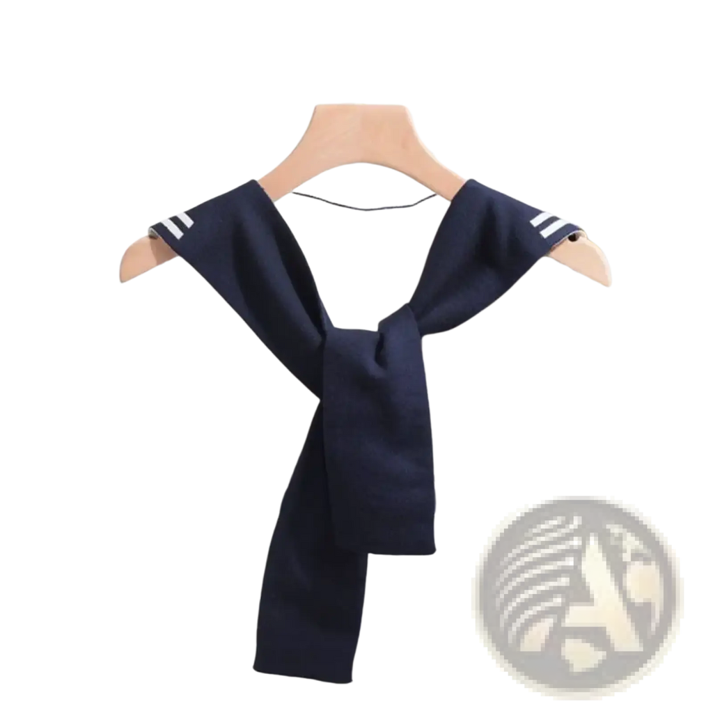 Navy blue and white knitted sailor fake collar sweater scarf with ribbed fabric and wide front bow tie