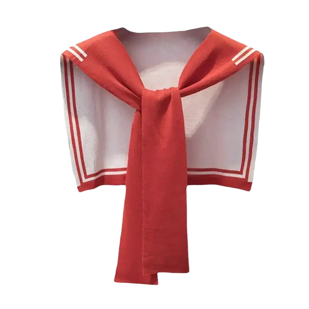 Knitted sailor fake collar sweater scarf in red with white trim and three stripes on each shoulder tied in a neat bow