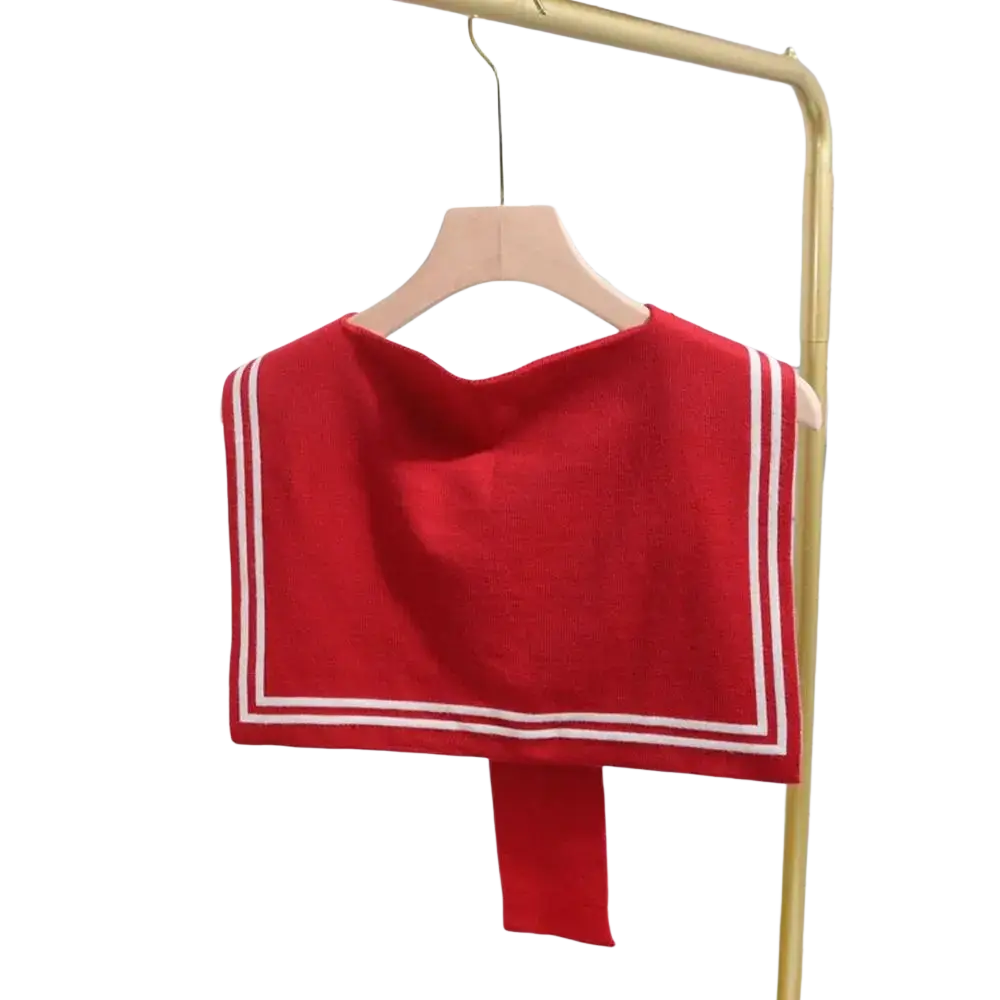 Red knitted sailor fake collar sweater scarf featuring a red crop top with white double stripes on collar and hem