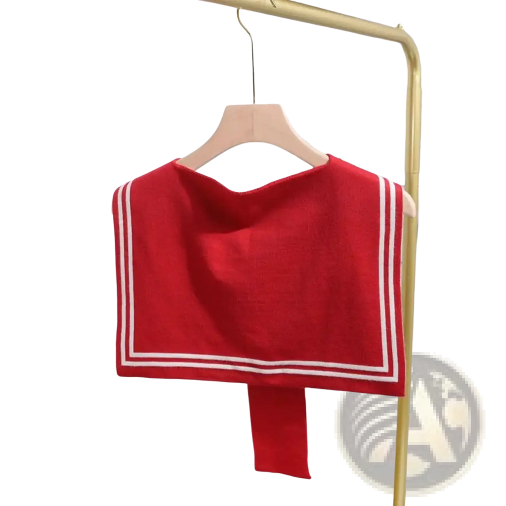 Red knitted sailor fake collar sweater scarf featuring a red crop top with white double stripes on collar and hem