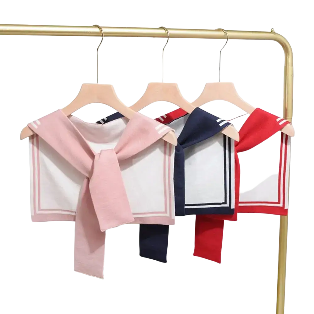 Knitted sailor fake collar sweater scarf featuring three knitted sailor-style cropped tops in pink navy blue and red with white trim
