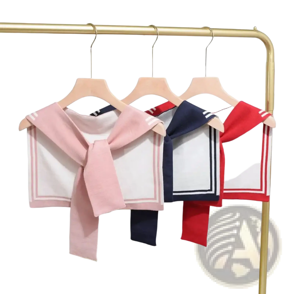 Knitted sailor fake collar sweater scarf featuring three knitted sailor-style cropped tops in pink navy blue and red with white trim