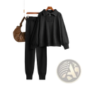 Black knitted sweatsuit set with collar and zipper detail made from soft knit fabric for comfortable casual wear