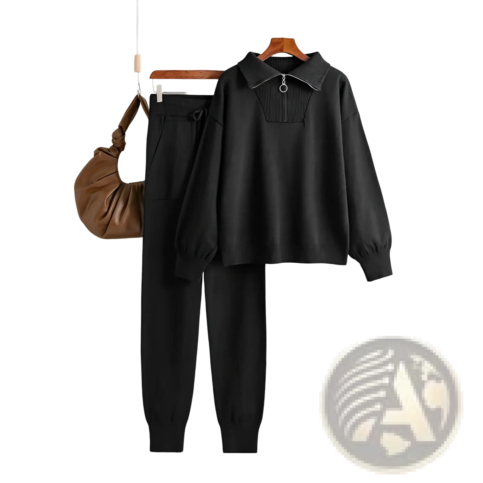 Black knitted sweatsuit set with collar and zipper detail made from soft knit fabric for comfortable casual wear