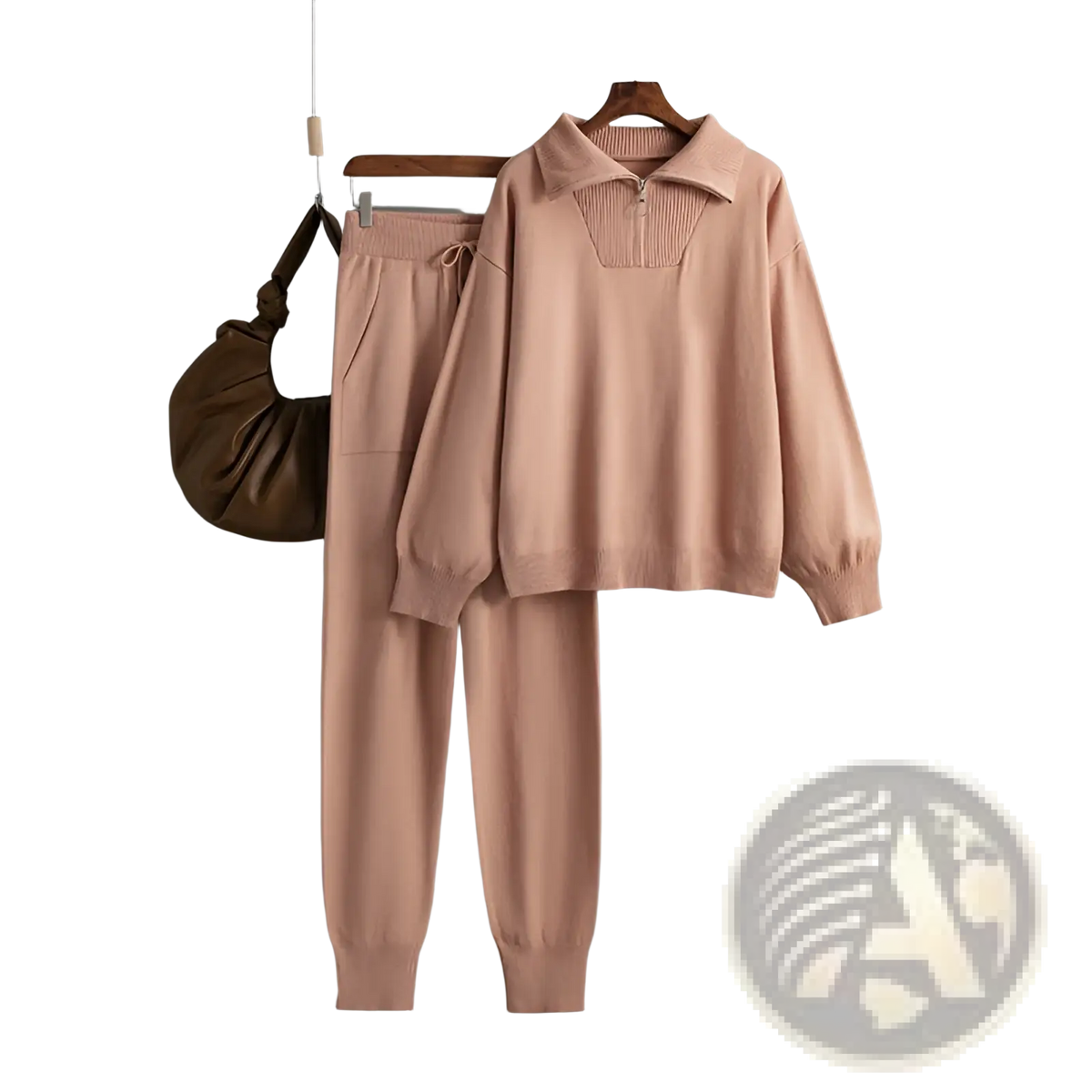 A soft blush pink knitted sweatsuit set with ribbed collar cuffs and a front chest zipper detail