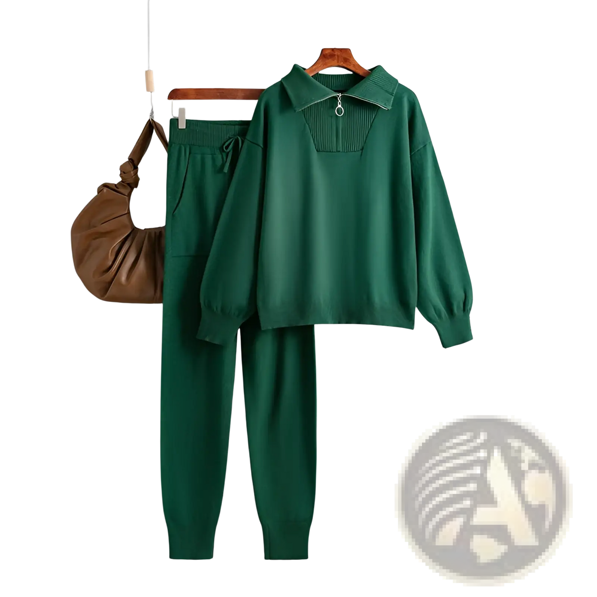 Deep green knitted sweatsuit set with collared zippered top and matching joggers for comfortable casual wear