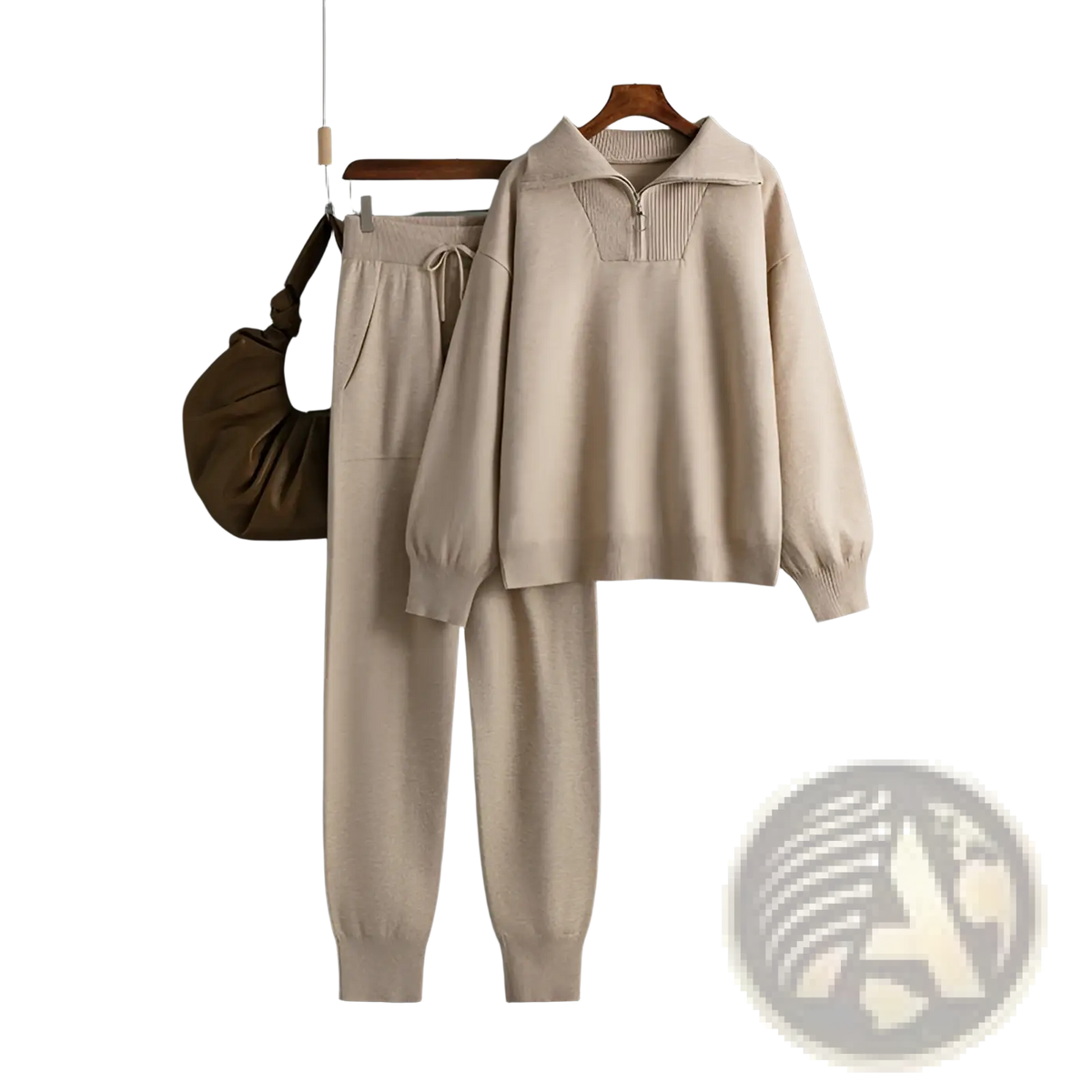 Beige knitted sweatsuit set with half-zip collar and ribbed cuffs featuring knit fabric for comfort and style