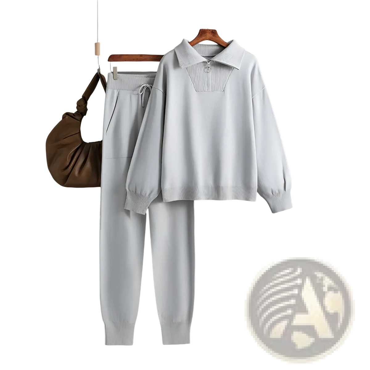 Light gray knitted sweatsuit set with ribbed collared top and matching joggers for comfortable casual wear