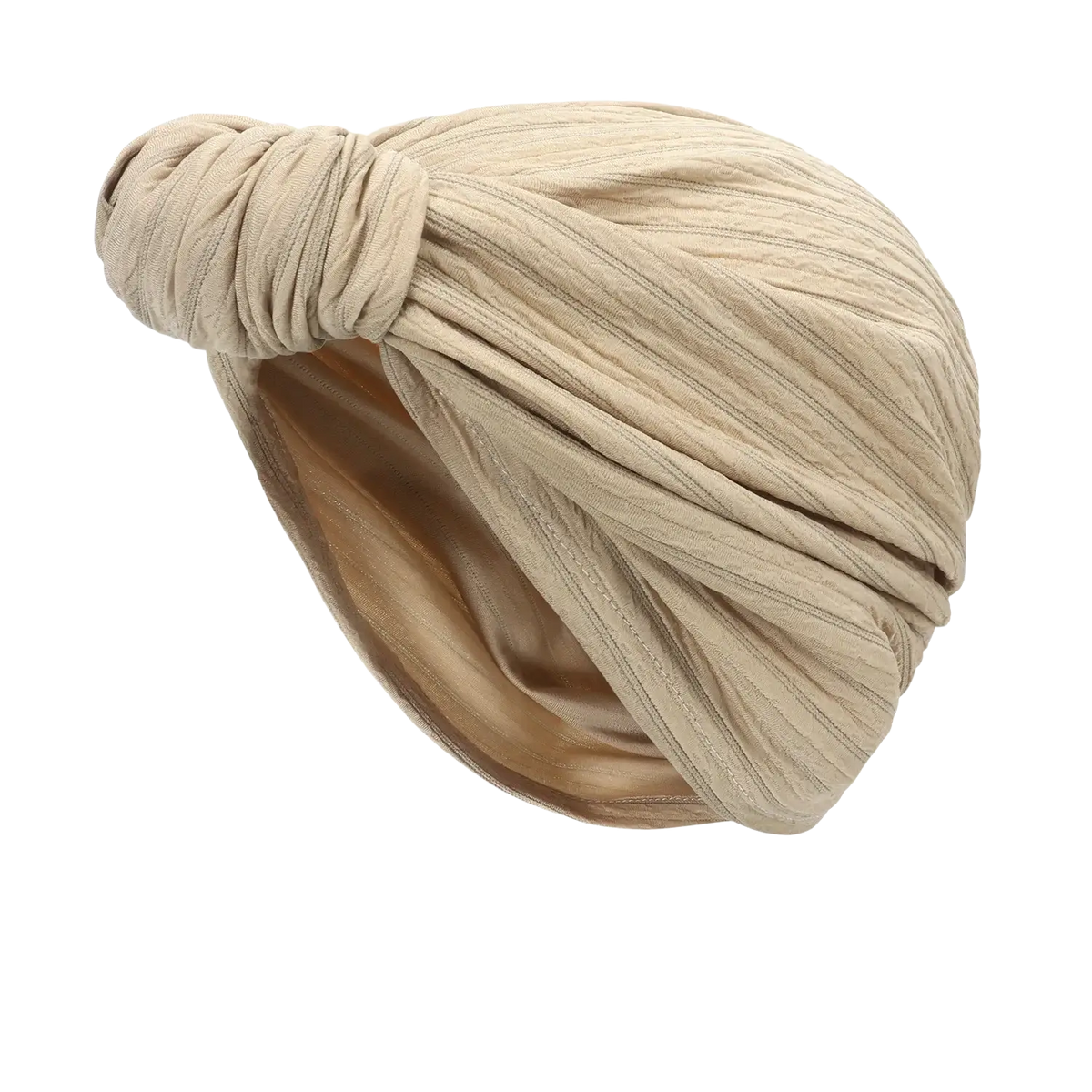 Beige ribbed knitted turban cap with twisted knot design warm winter headwear for cold weather use