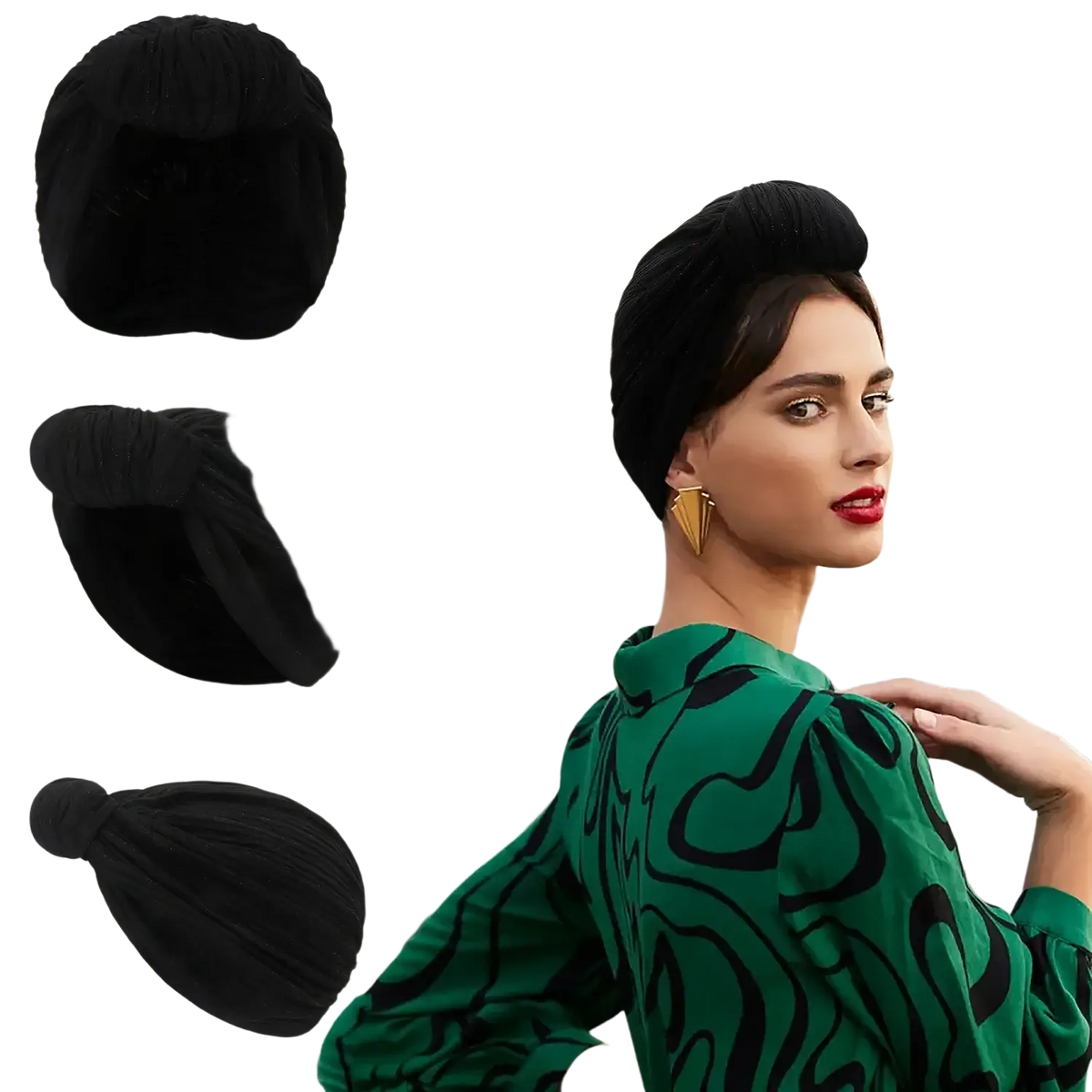 Black knitted turban cap with twisted knot design for warm winter headwear