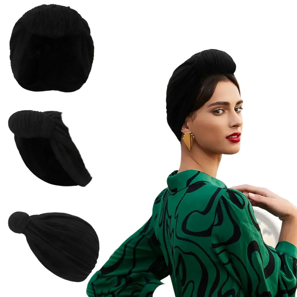 Black knitted turban cap with twisted knot design for warm winter headwear