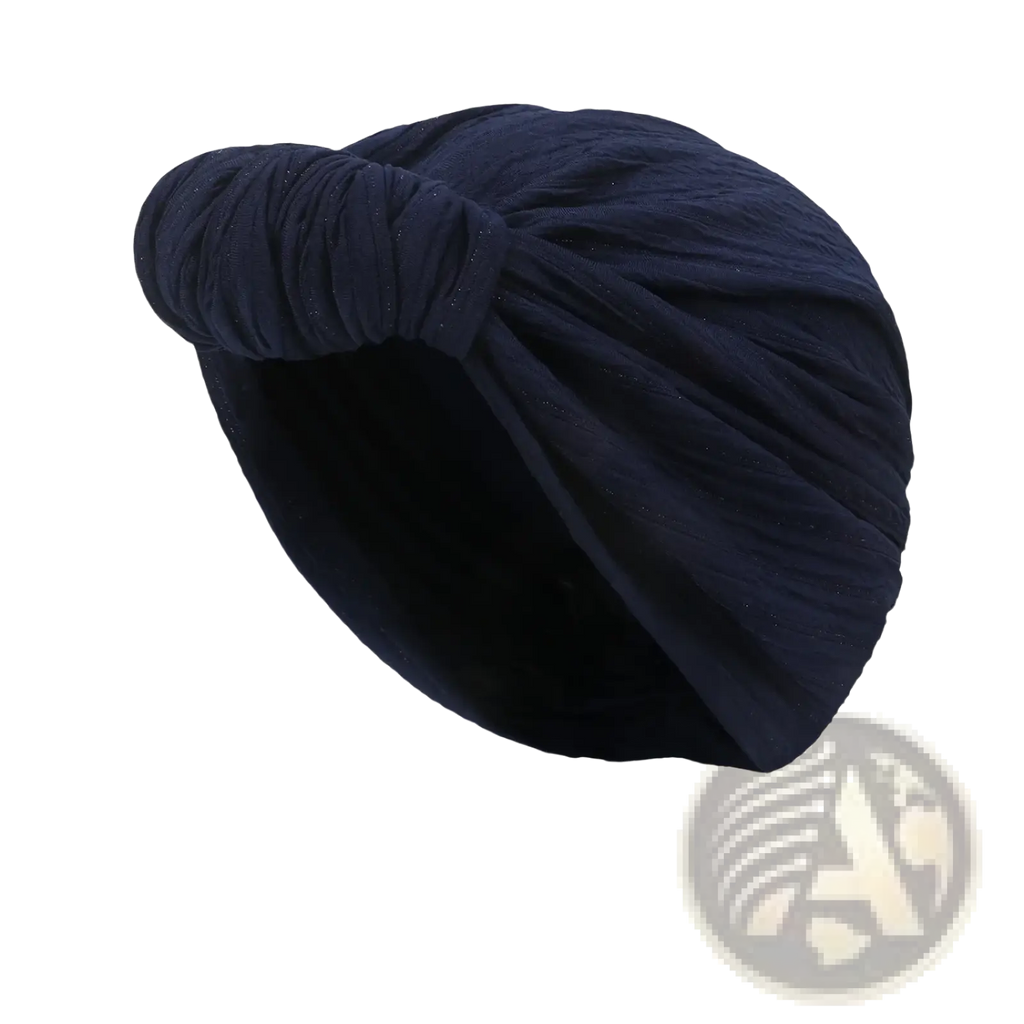 Dark blue knitted turban cap with a knotted design made of soft textured fabric for warm winter headwear
