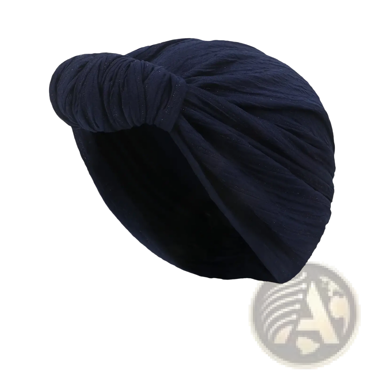 Dark blue knitted turban cap with a knotted design made of soft textured fabric for warm winter headwear