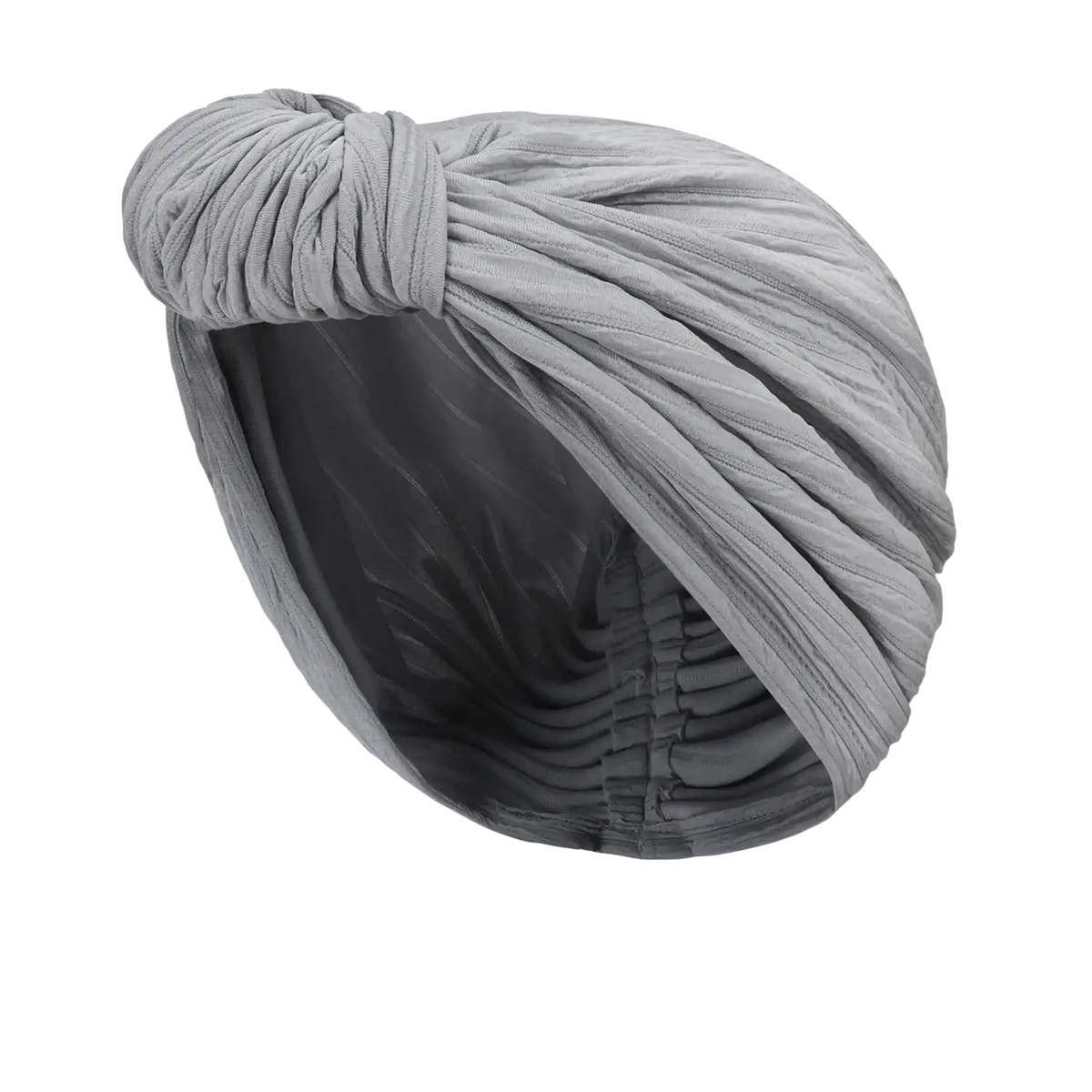 Light gray knitted turban cap with twisted ruched fabric and elastic lining for warm winter headwear
