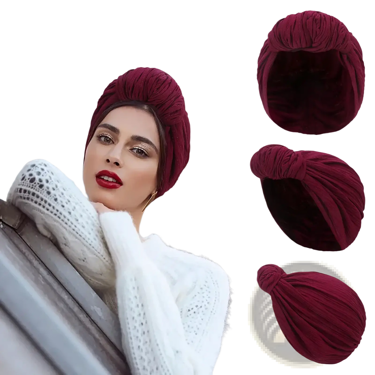 A plush deep burgundy knitted turban cap with ribbed texture and gathered knot design for warm winter headwear