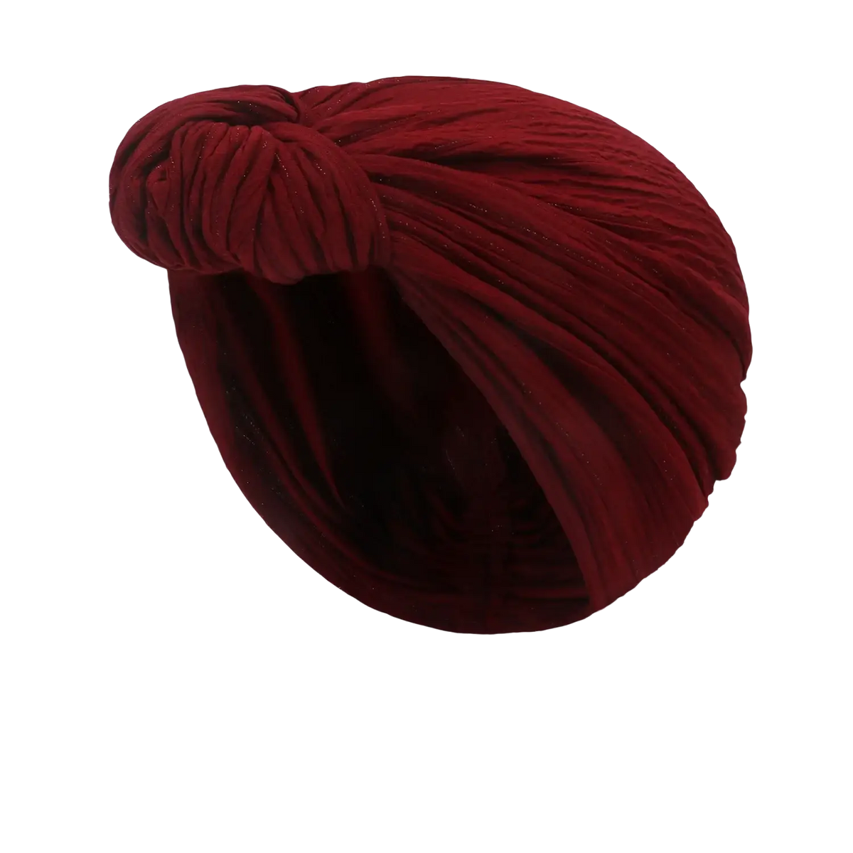 A plush wine red knitted turban cap with a twisted knot design for warm winter headwear