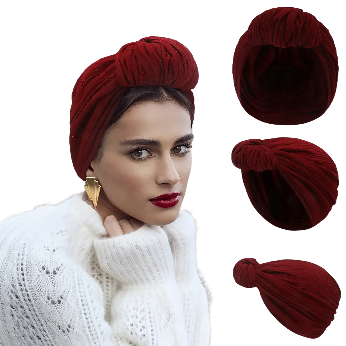 A rich burgundy velvet knitted turban cap with a twisted knot design warm winter headwear