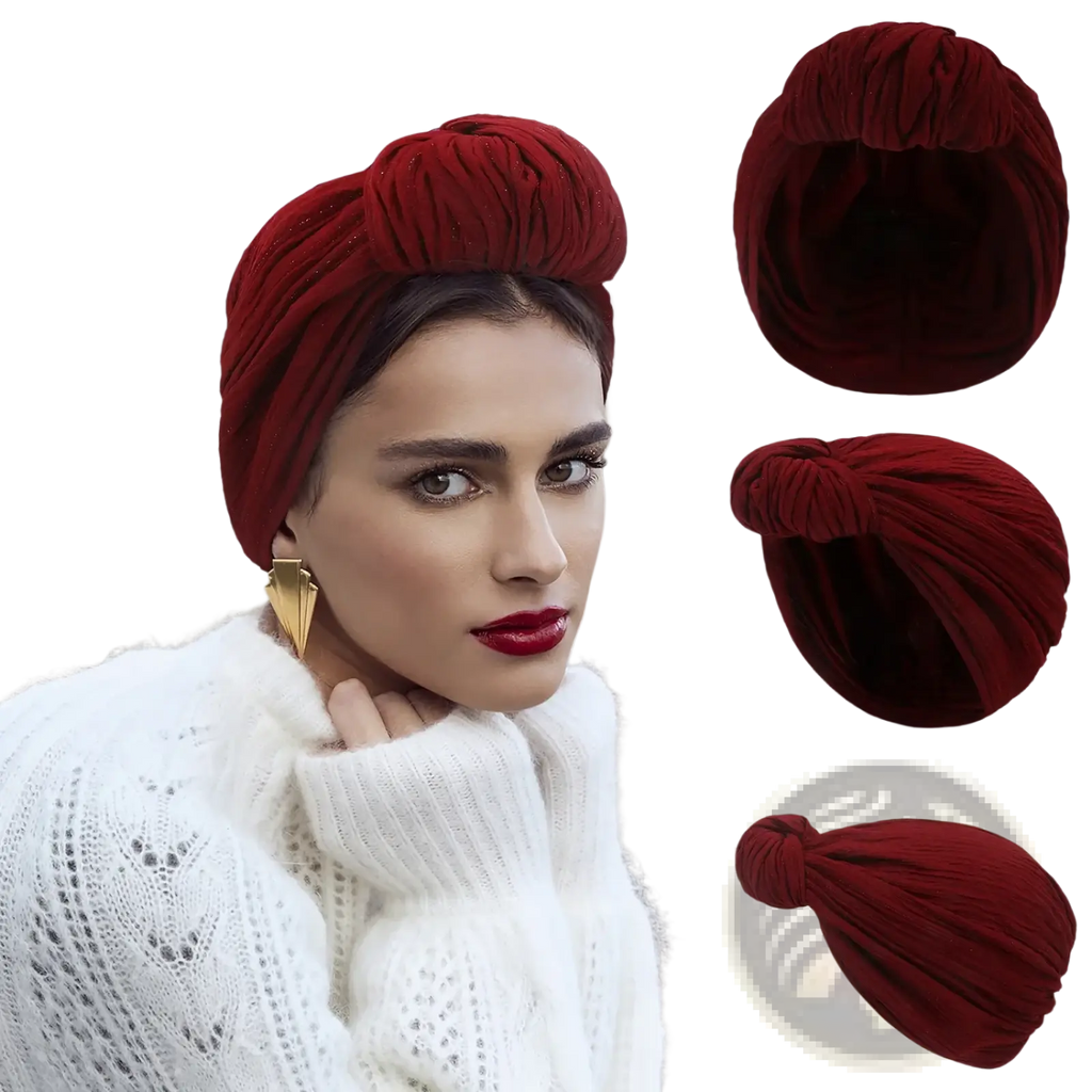 A rich burgundy velvet knitted turban cap with a twisted knot design warm winter headwear