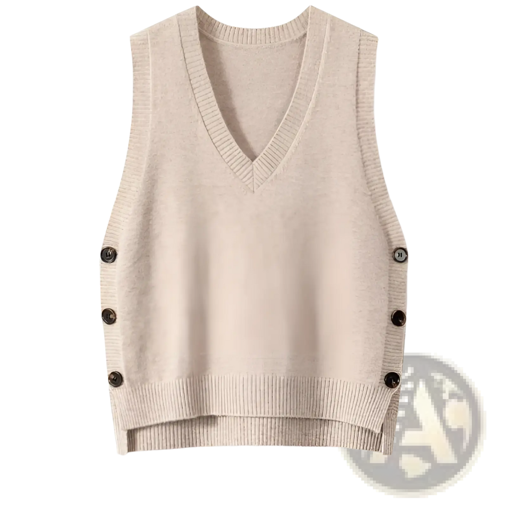 Beige knit sleeveless wool blend vest with v-neckline and dark brown buttons down each side