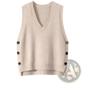 Beige knit sleeveless wool blend vest with v-neckline and dark brown buttons down each side