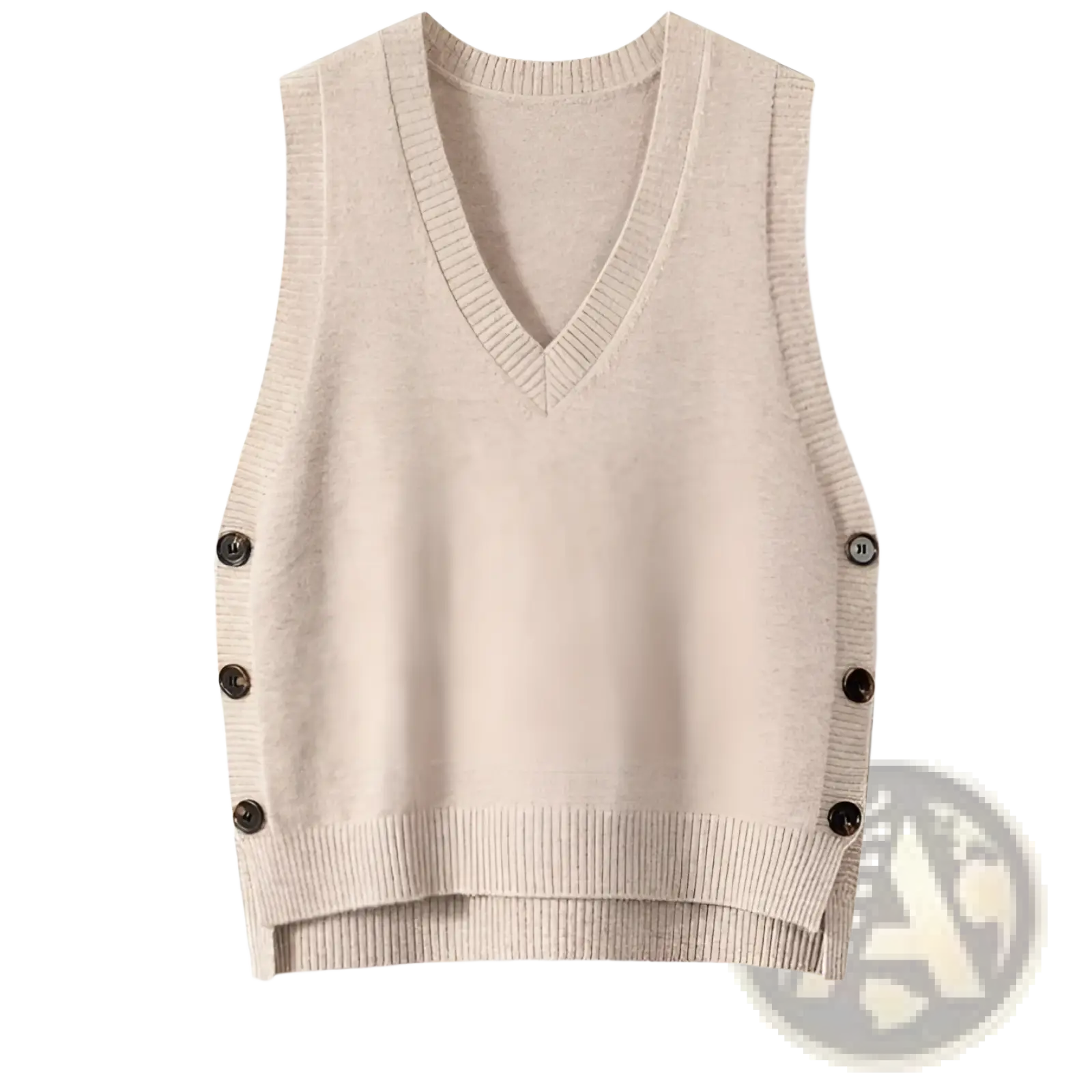 Beige knit sleeveless wool blend vest with v-neckline and dark brown buttons down each side