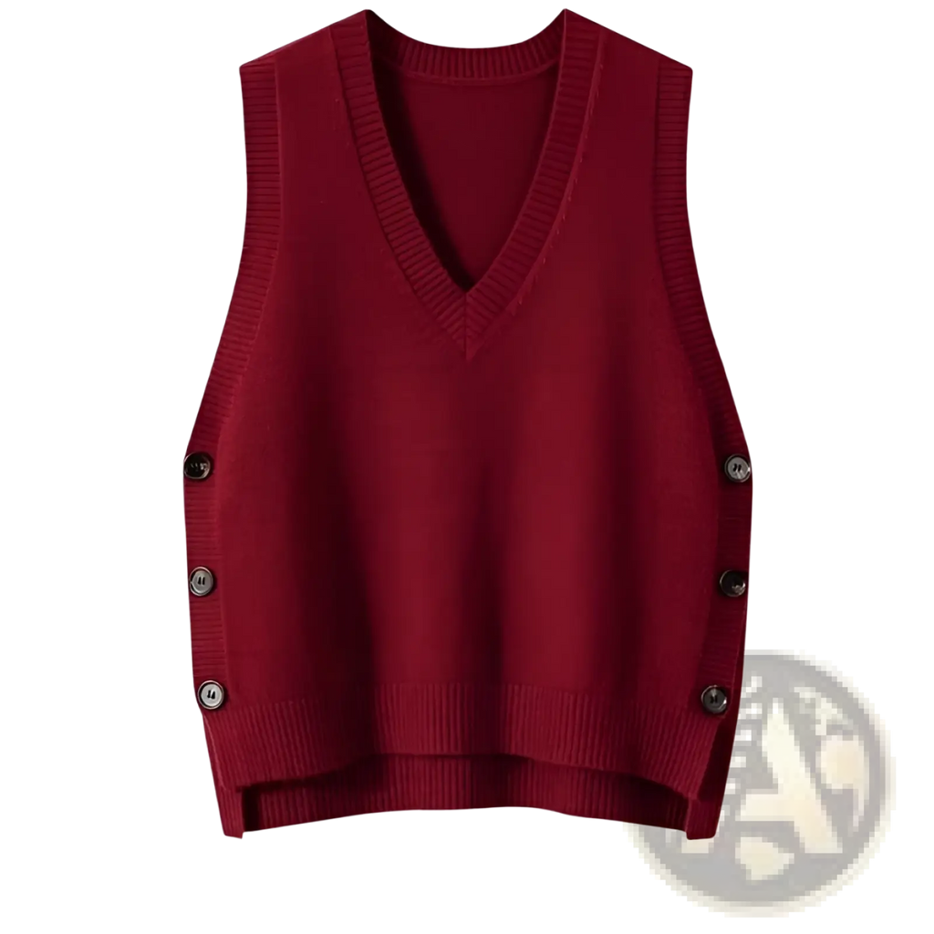A rich burgundy v-neck knit wool blend vest with ribbed hem and side button closures for stylish layering