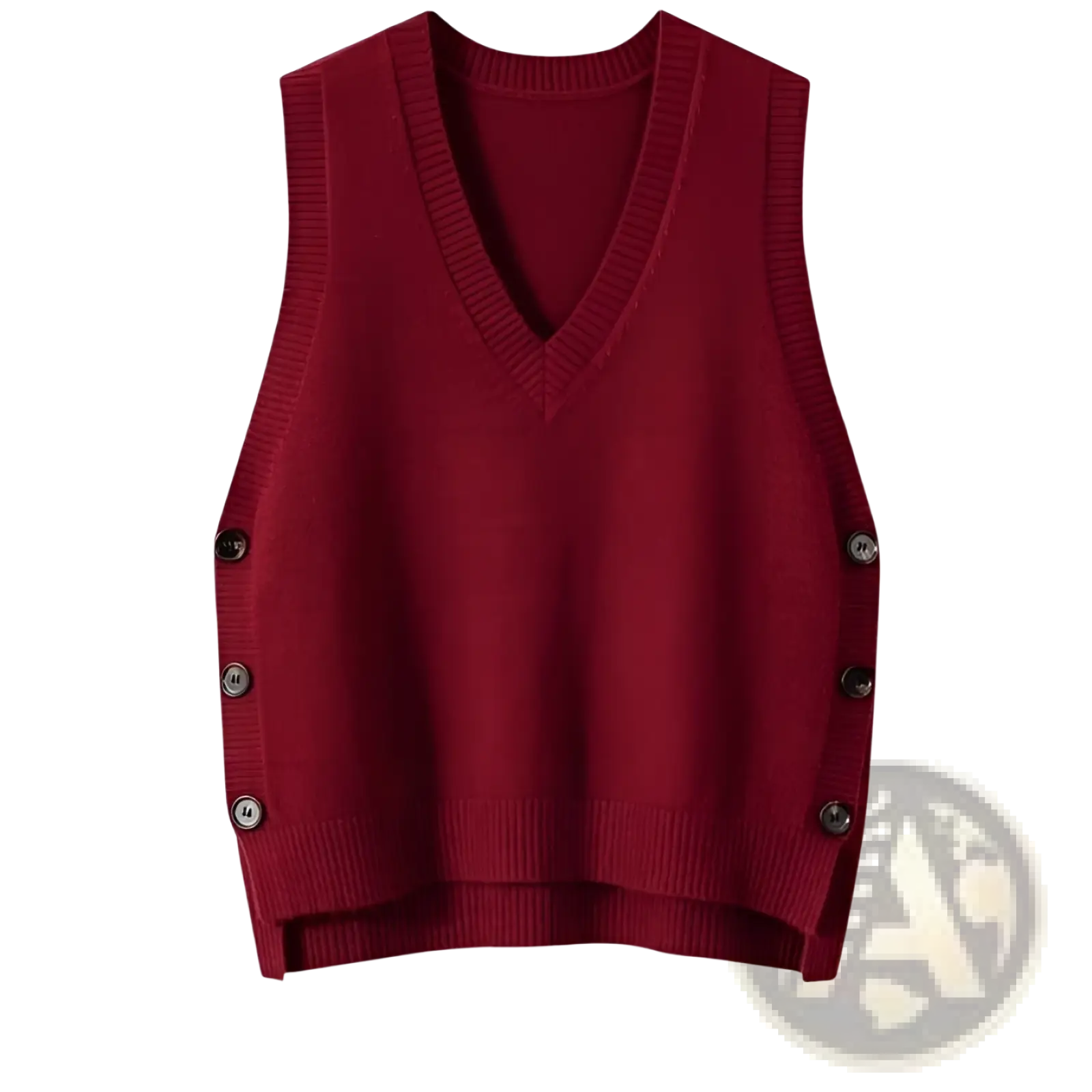 A rich burgundy v-neck knit wool blend vest with ribbed hem and side button closures for stylish layering