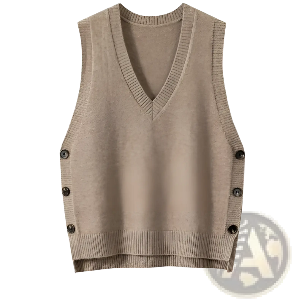 Beige v-neck knitted wool blend sweater vest with dark buttons down the sides for stylish layering