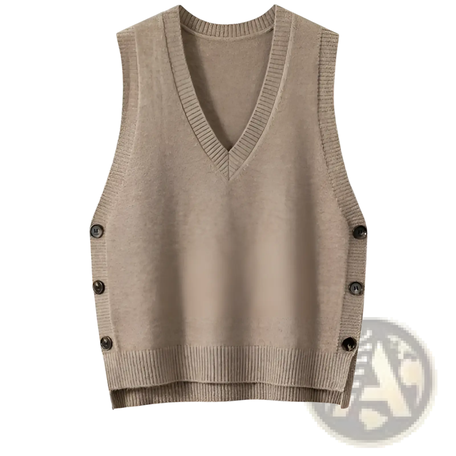 Beige v-neck knitted wool blend sweater vest with dark buttons down the sides for stylish layering