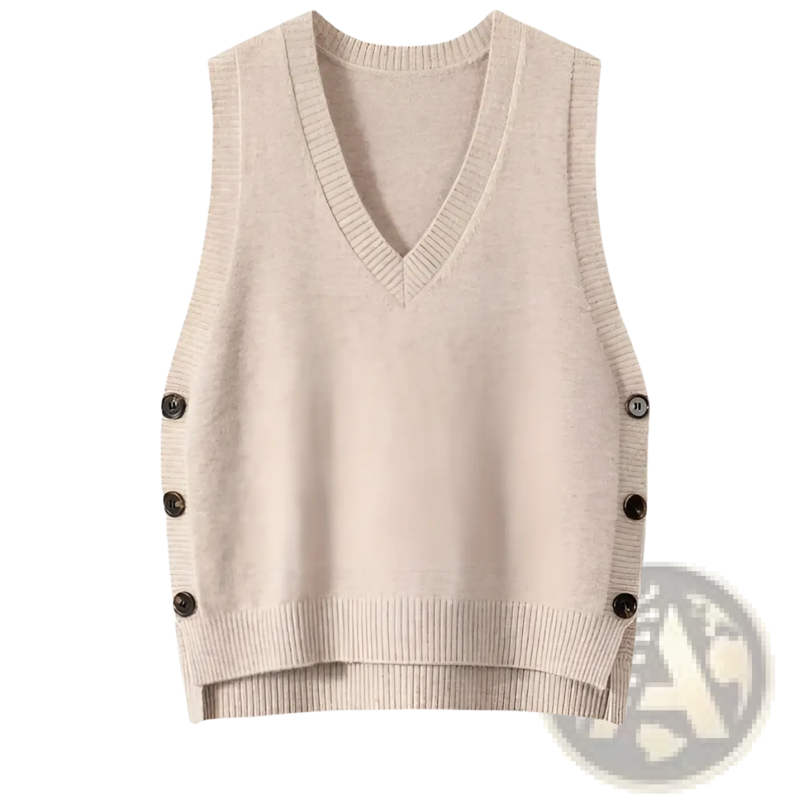 Beige knit sleeveless vest with v-neckline and dark brown buttons on each side made of wool blend material