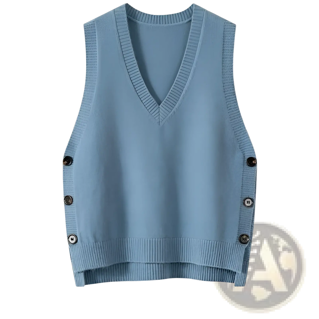 A soft light blue wool blend knitted v-neck sleeveless sweater vest with dark brown buttons down each side