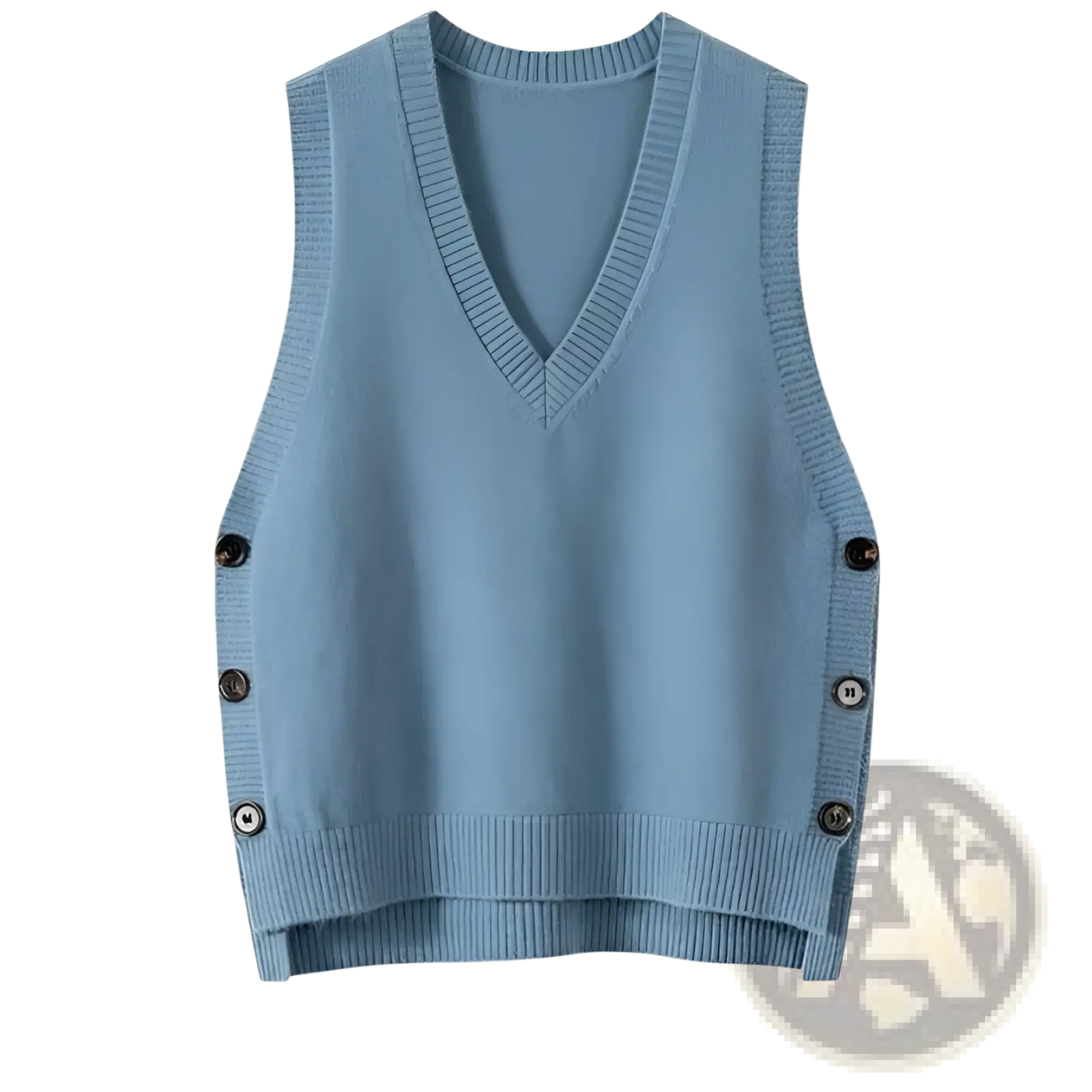 A soft light blue wool blend knitted v-neck sleeveless sweater vest with dark brown buttons down each side