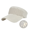 Cream-colored knitted visor cap with woven textured crown and ribbed brim for summer sports and headband use