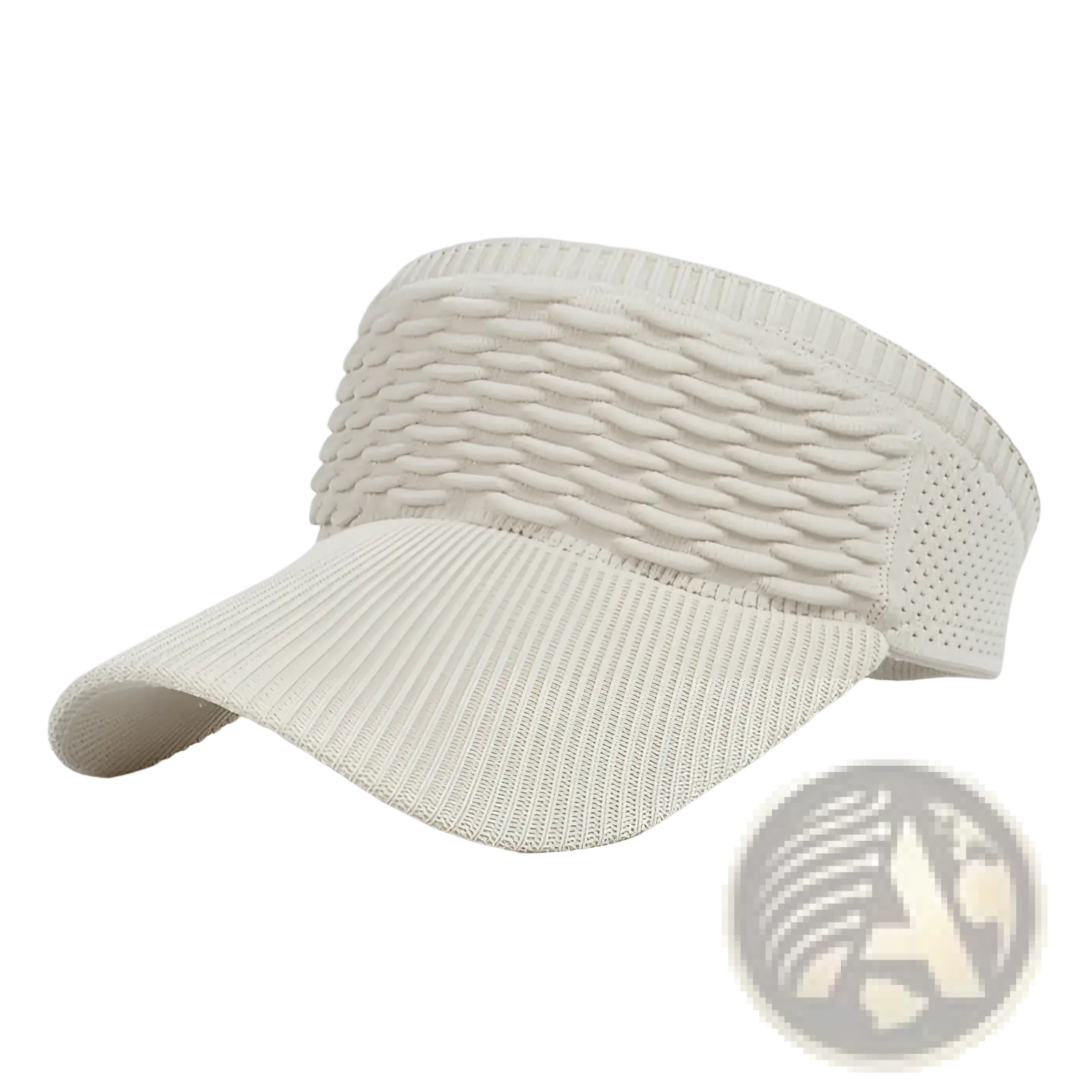 Cream-colored knitted visor cap with woven textured crown and ribbed brim for summer sports and headband use